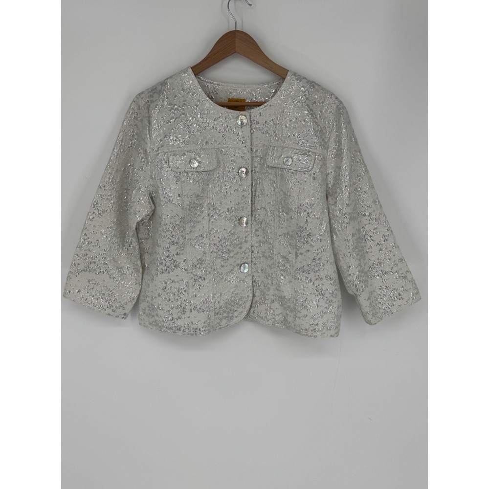Ruby Rd Woman's Size 16 Button Front Jacket/Blazer Shiny Silver Metallic E2